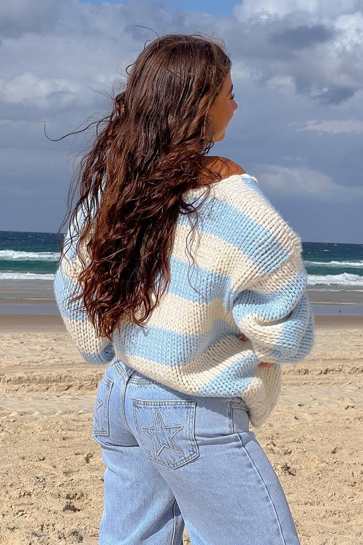 Cozy Off-Shoulder Striped Knit Sweater