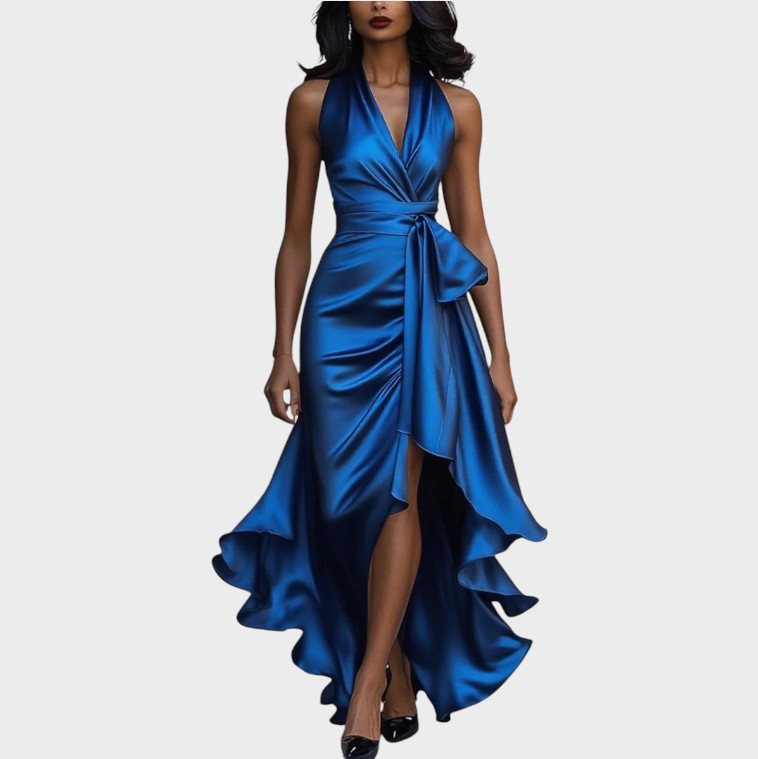 Midnight Satin Halter Neck Dress with Ruffle Detail