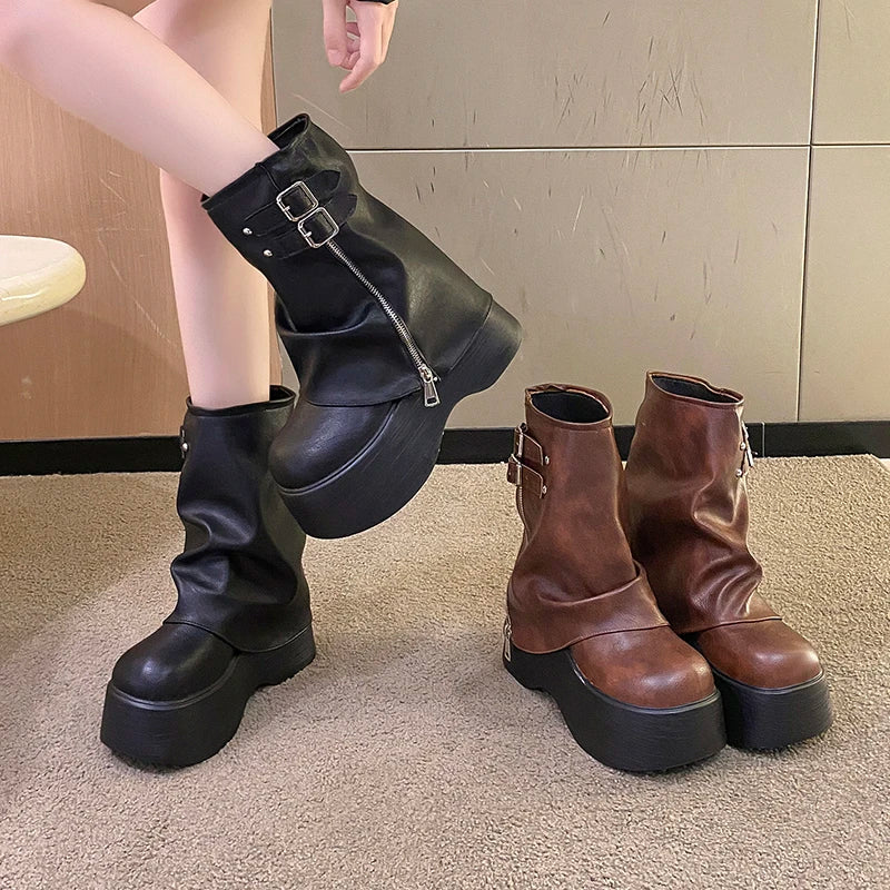 Gothic Platform Buckle Mid Calf Zip Up Boots