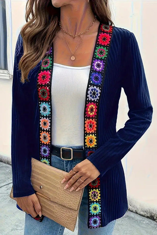 Boho Floral Edge Knit Long Sleeve Cardigan