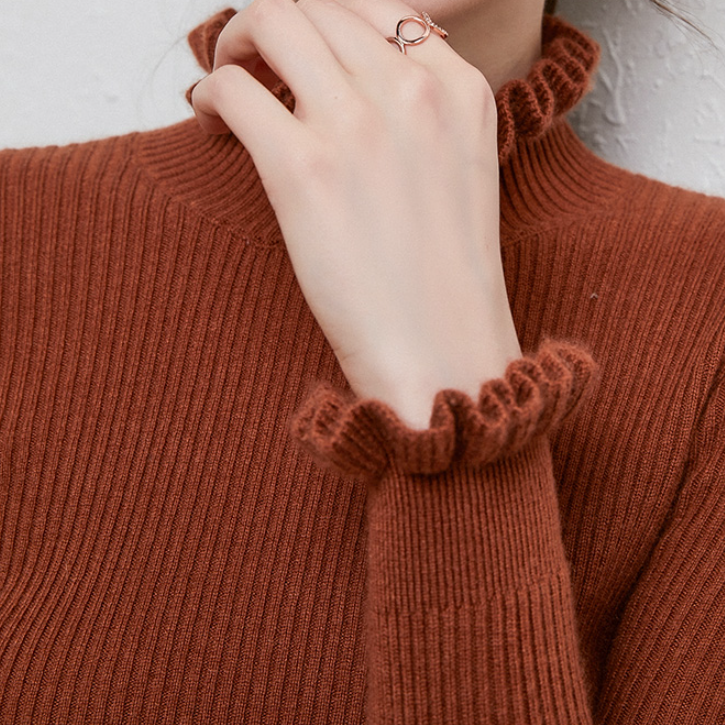 Cozy Turtleneck Knit Sweater with Feminine Ruffle Details