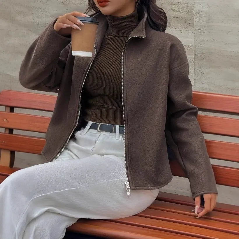 Casual Cropped Jacket with Stand Collar and Zipper Closure