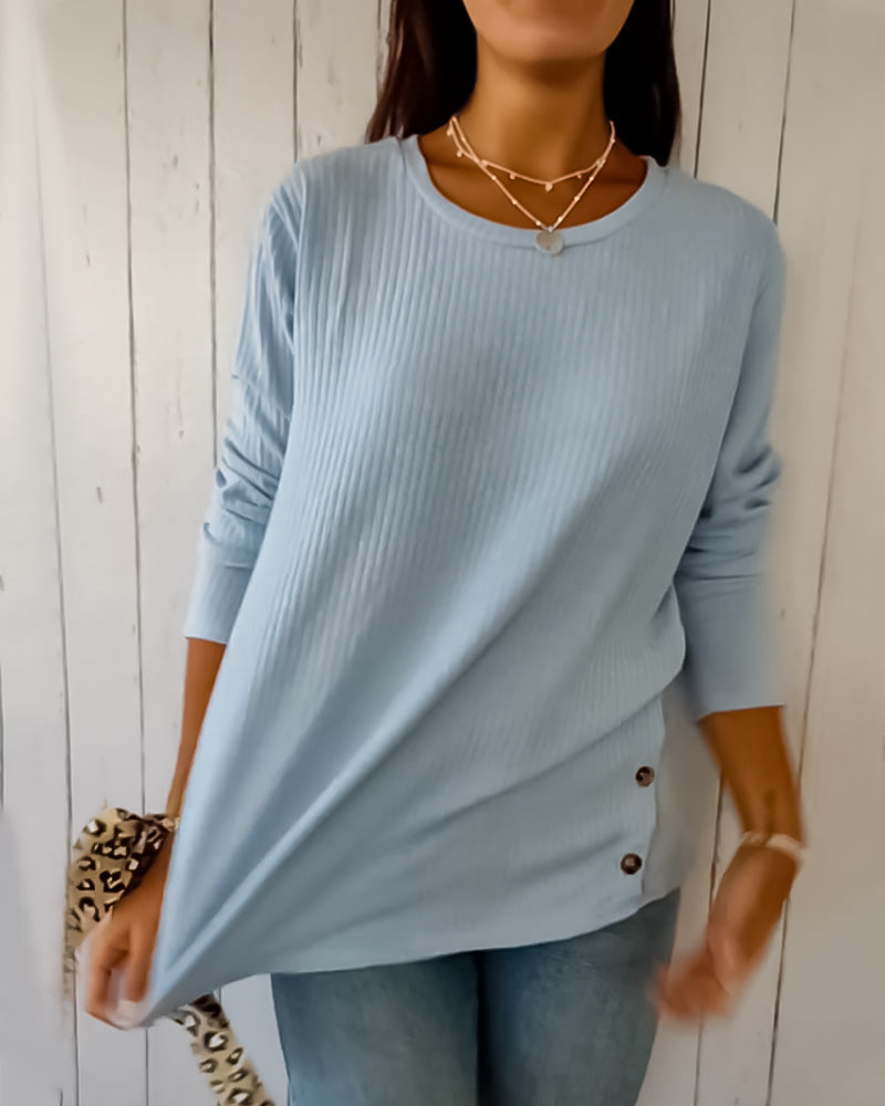 Ribbed Knit Long Sleeve Crew Neck T-Shirt for Women