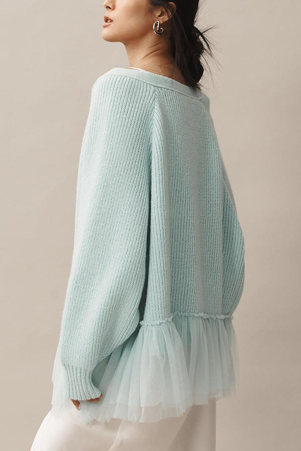 Mesh Ruffle Knit Cardigan with Long Sleeves