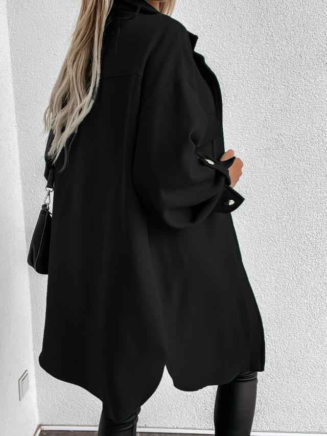Cozy Long Buttoned Shirt Jacket with Wool Collar and Lapels
