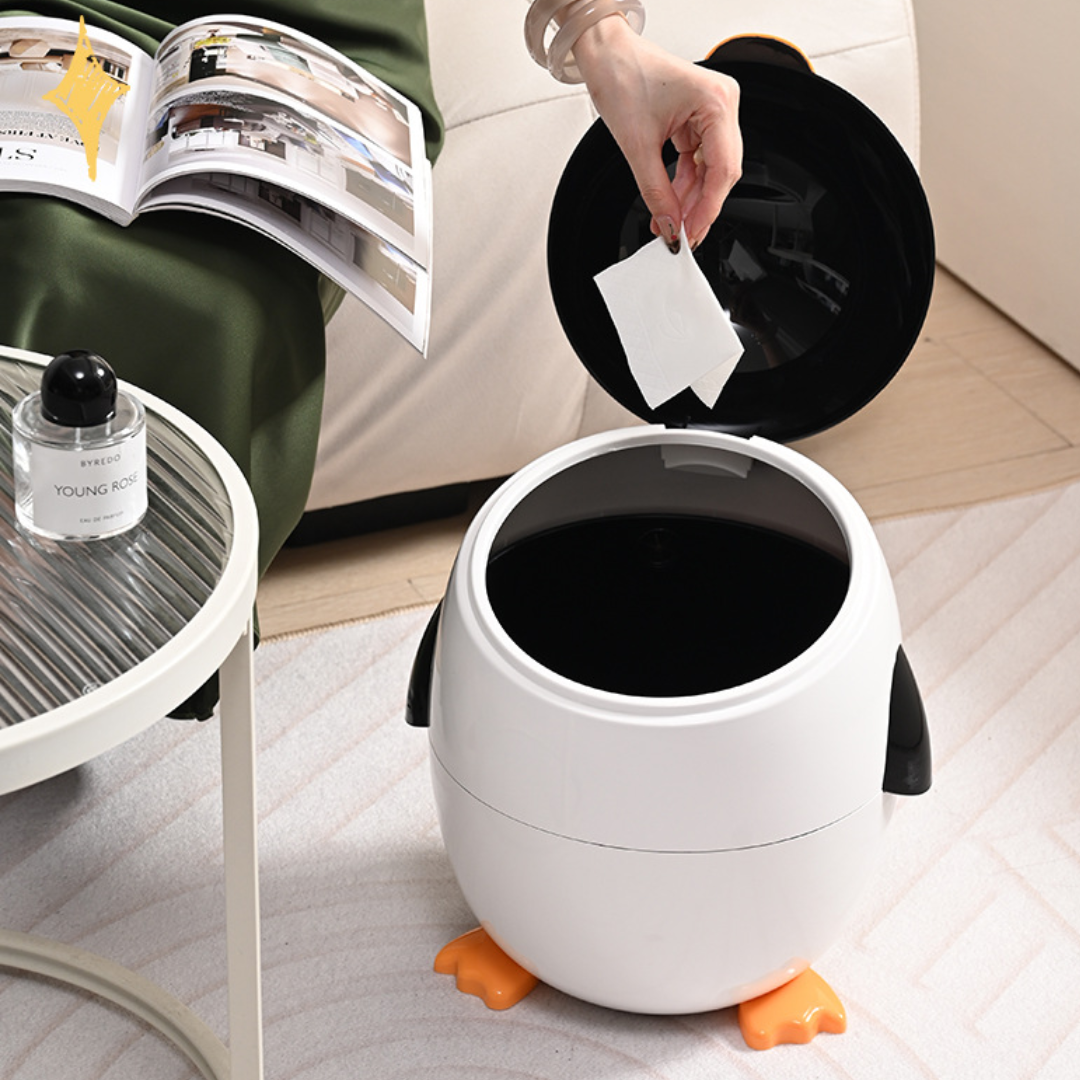 Cute Cartoon Penguin Trash Can with Flip Lid for Kids Room