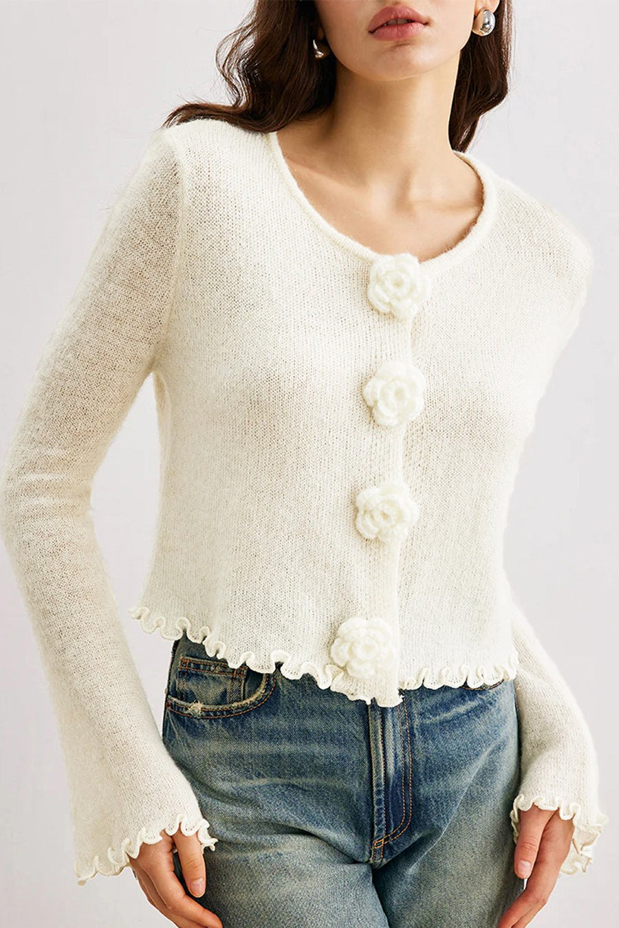 Slim Floral Ruffled Knit Cardigan