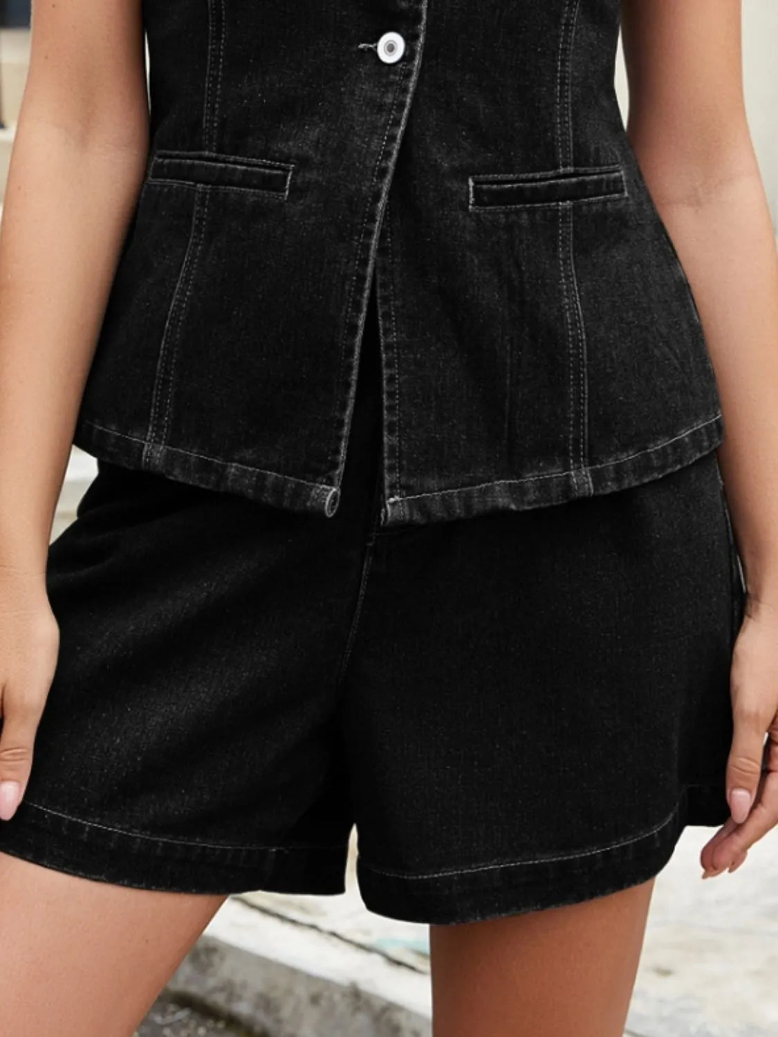 Casual Denim Button Down Vest and Shorts Set