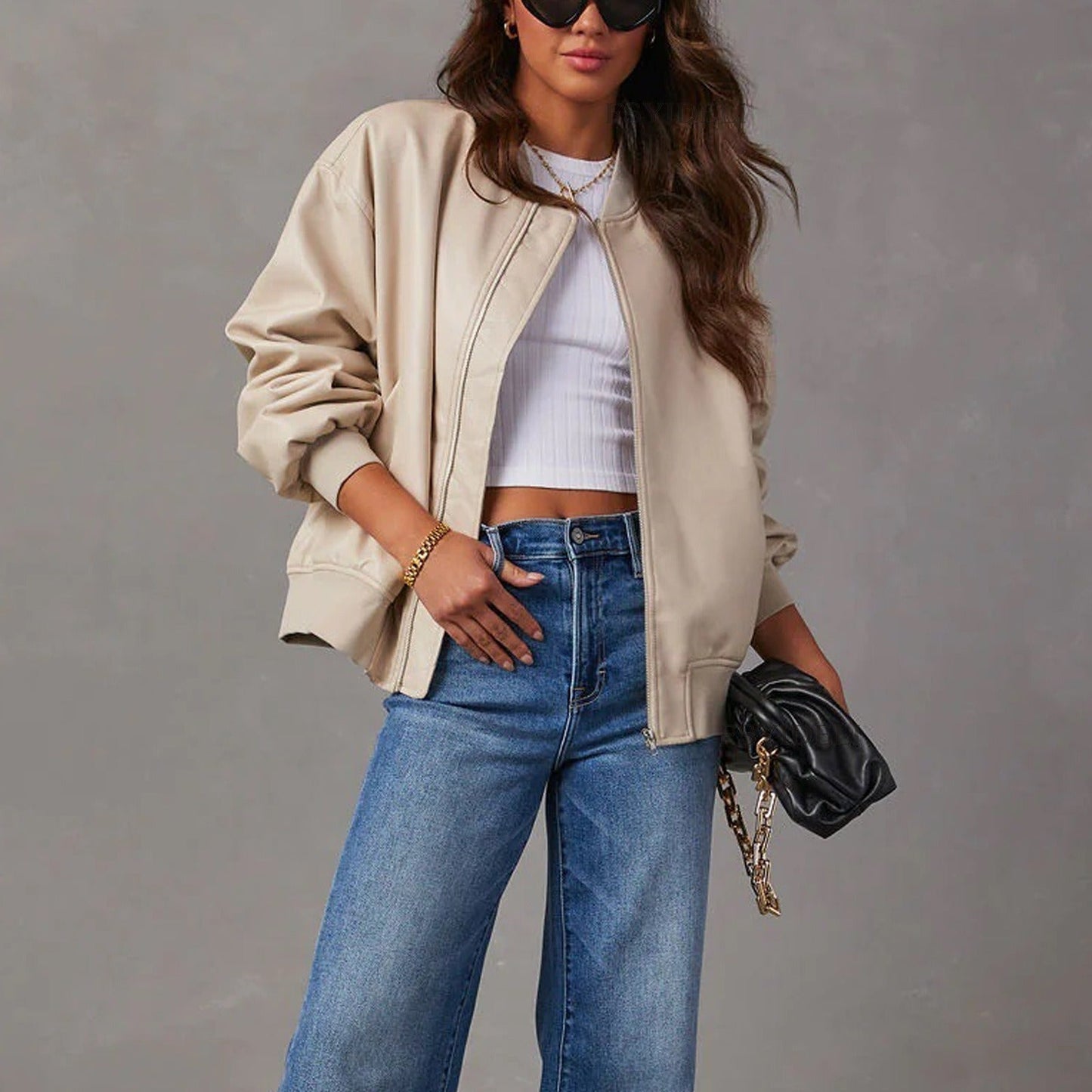 Classic Leather Zip Bomber Jacket for Women