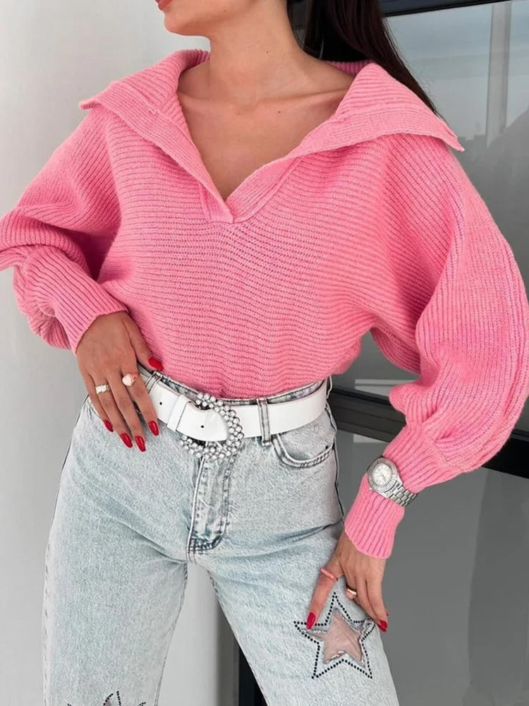 Cozy Lantern Sleeve Open Collar Knit Sweater