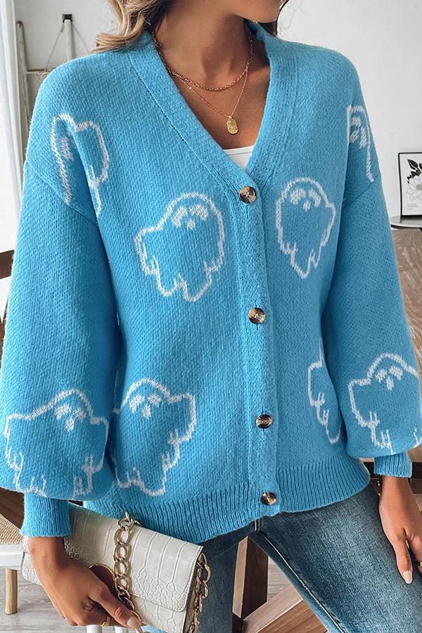 Cozy Halloween Ghost Knit Sweater Button-Down Top