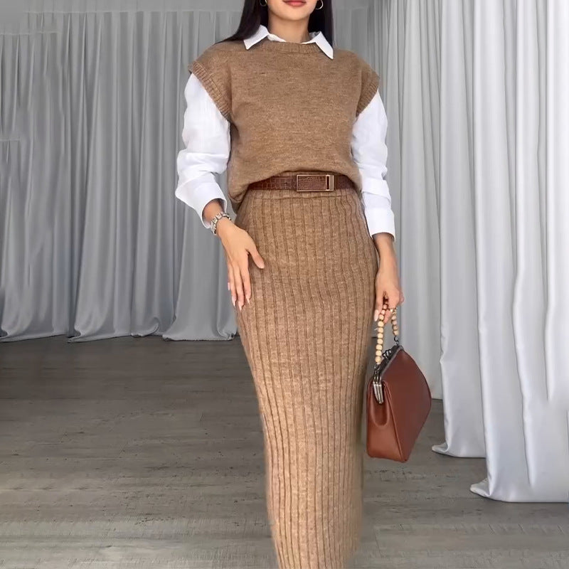Knit Short Sleeve Sweater & Ribbed Midi Skirt Set