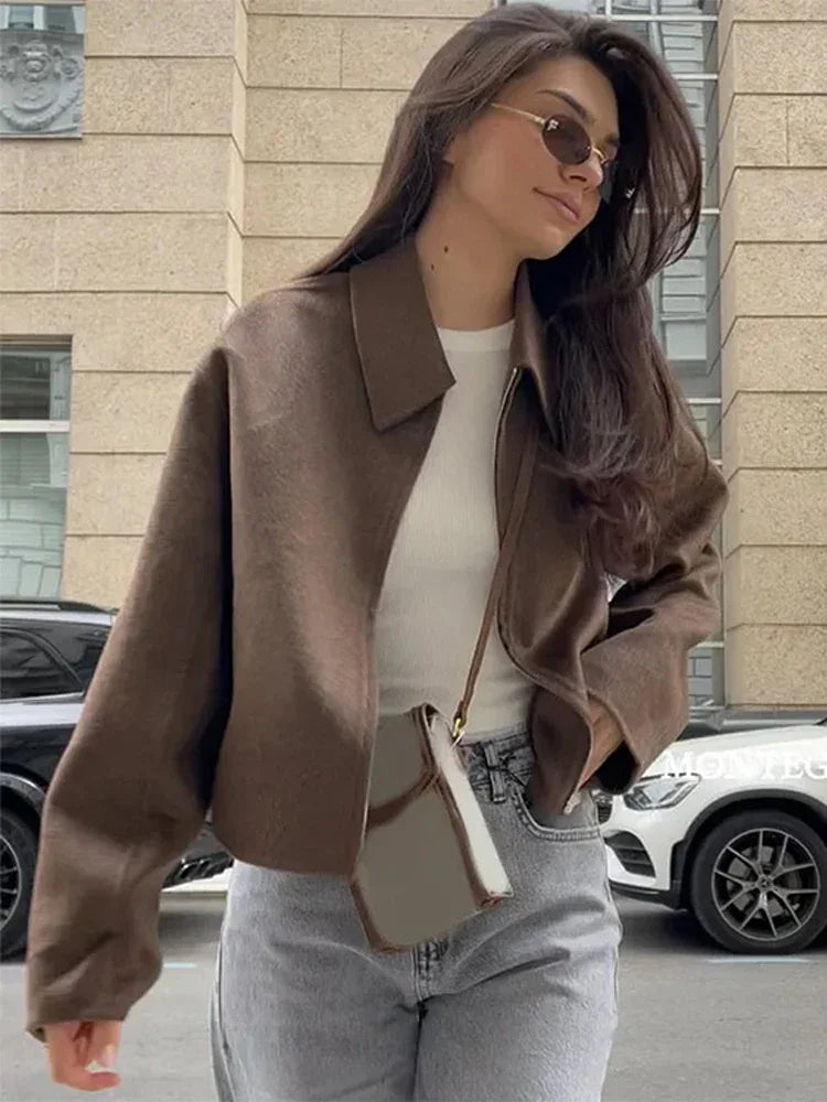 Cozy Brown Woolen Zipper Coat for Fall Layers