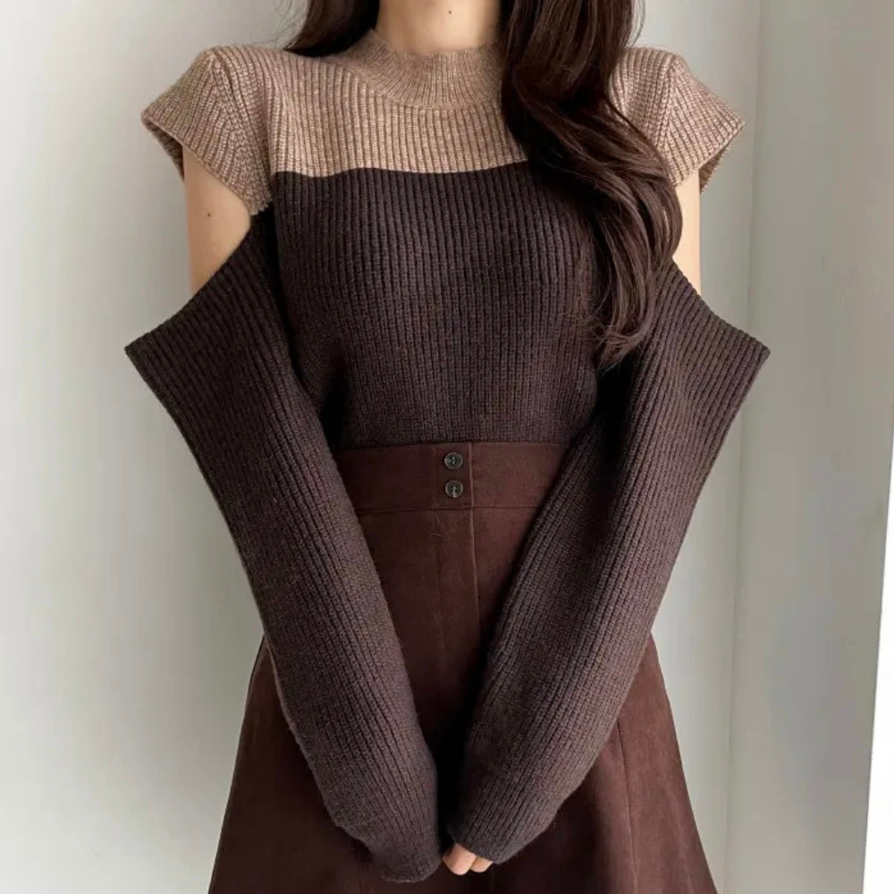 Two-Tone Knit Sweater with Cut-Out Sleeves