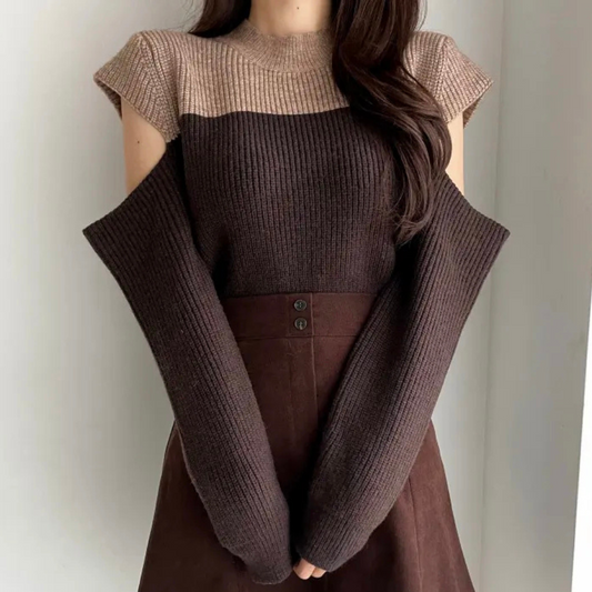Two-Tone Knit Sweater with Cut-Out Sleeves