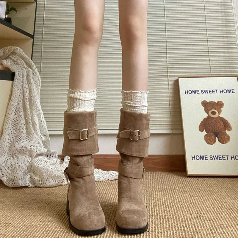 Folded Pile Western Platform Boots for Women