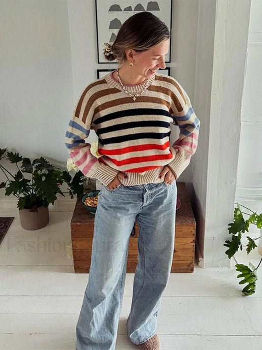Colorful Striped Vintage Knit Sweater with Round Neck