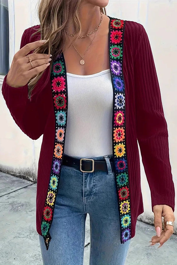 Boho Floral Edge Knit Long Sleeve Cardigan