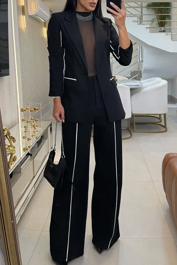 Chic Solid Color Blazer and Straight-Leg Pants Set