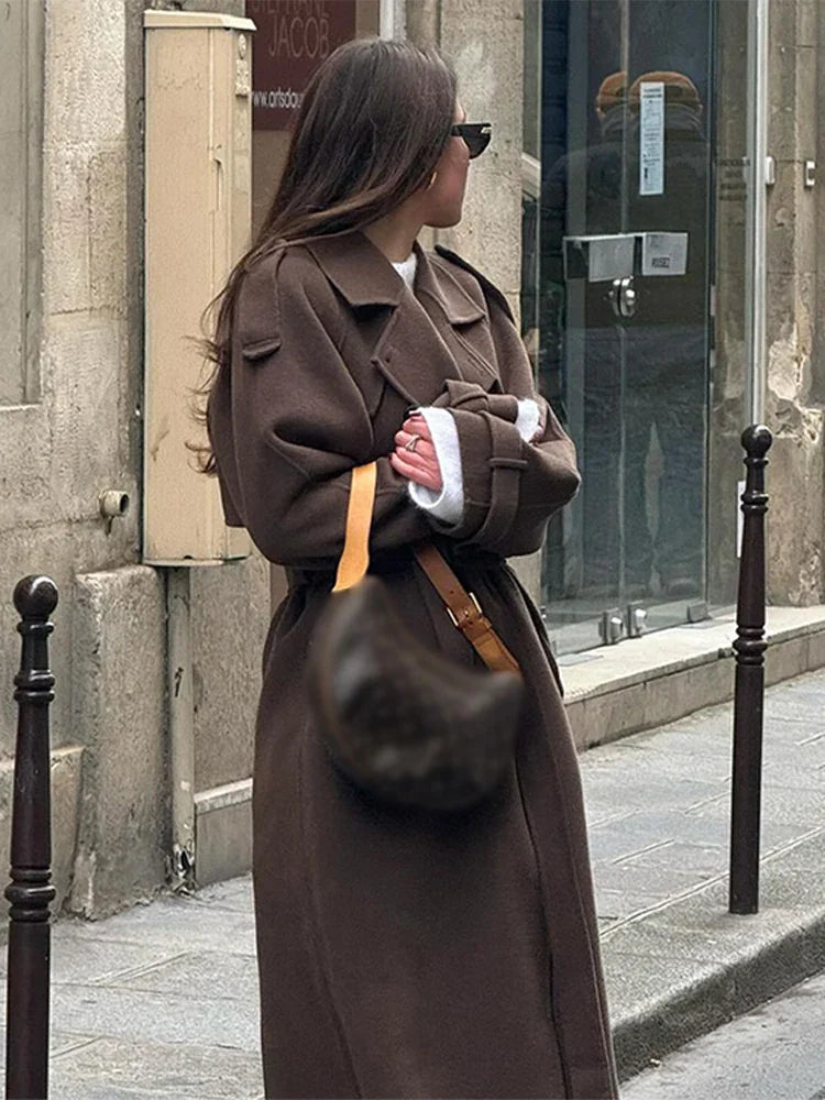 Chic Double-Breasted Belted Maxi Coat with Notched Collar