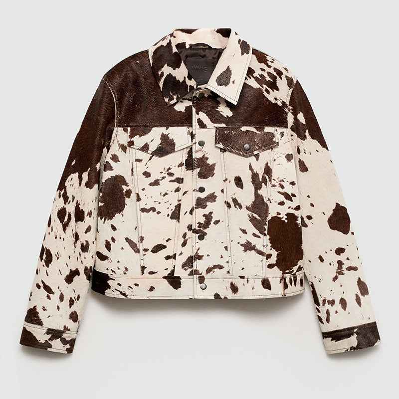 Cow Print Notched Collar Jacket with Stylish Snap Buttons