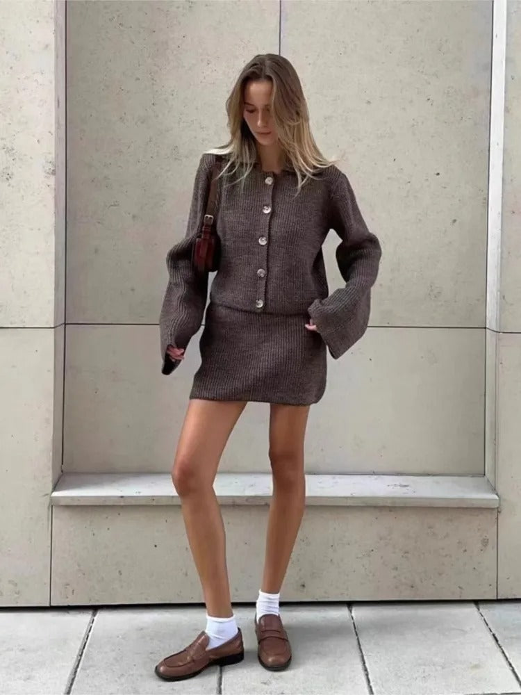 Cozy Knit Cardigan and Casual Mini Skirt Set
