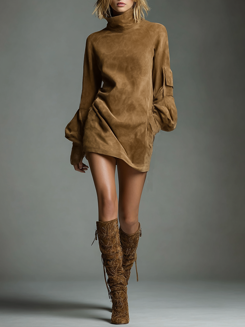 Vintage Suede Turtleneck Mini Dress – Effortless Chic Style