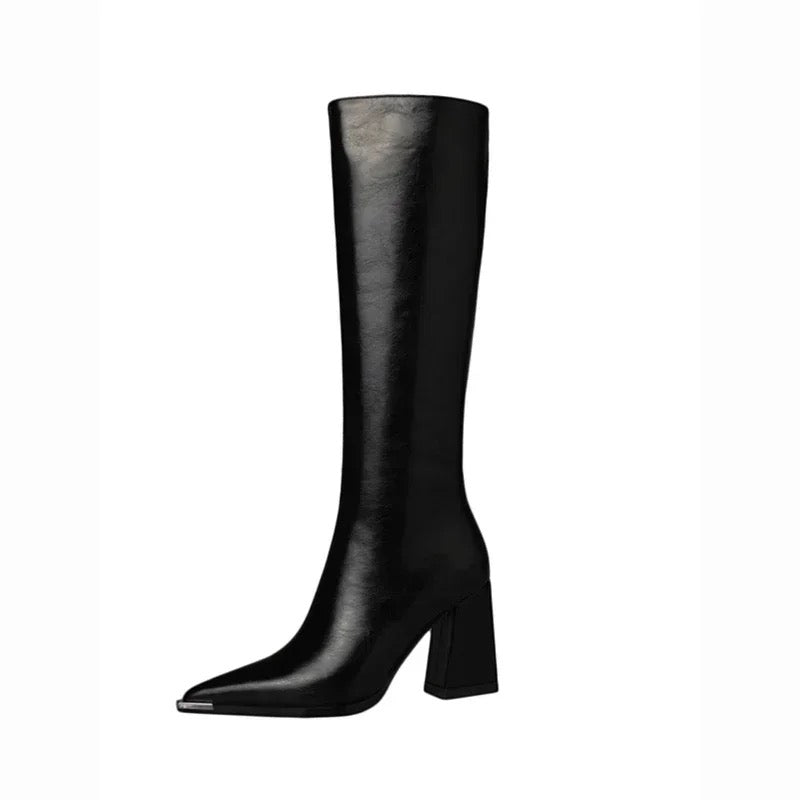 Sleek Black Knee High Pointed Leather Boots