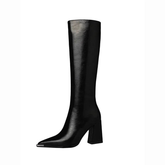 Sleek Black Knee High Pointed Leather Boots
