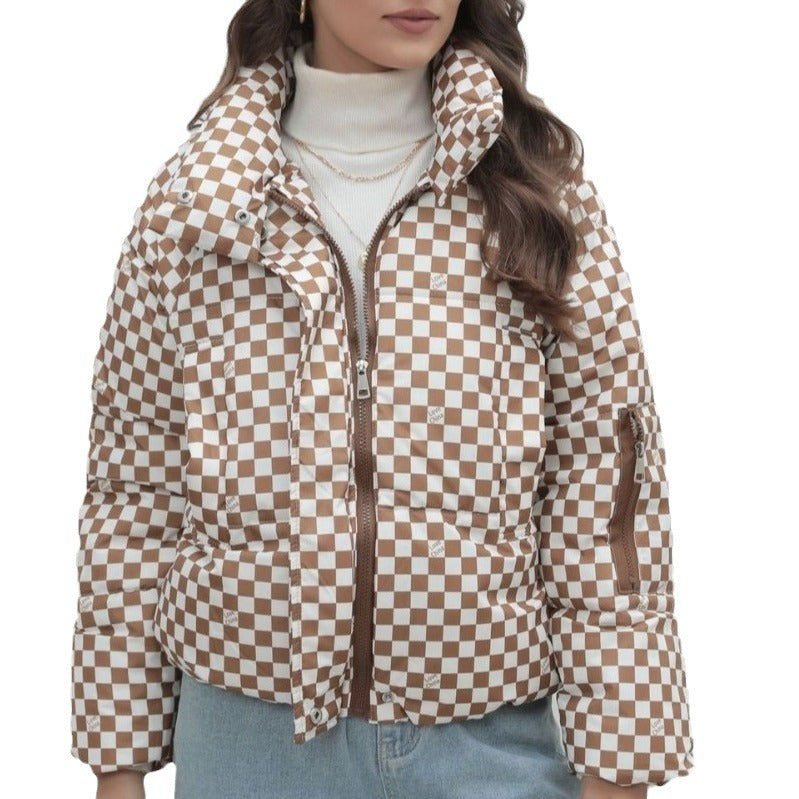 Women's Quilted Windproof Jacket with High Collar