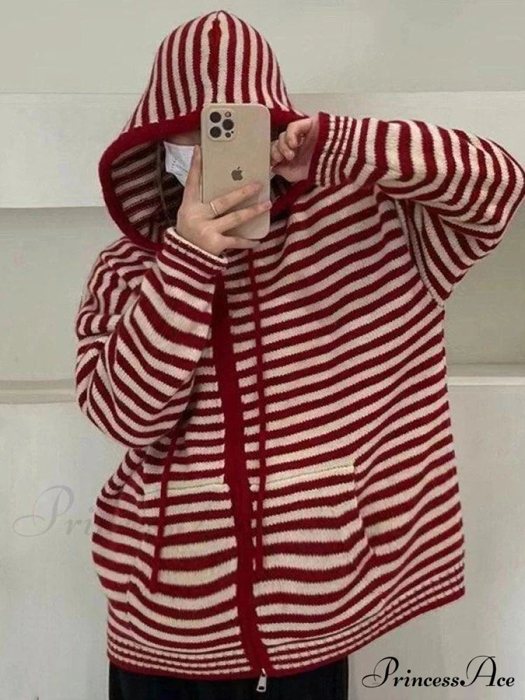 Cozy Striped Hooded Zipper Cardigan