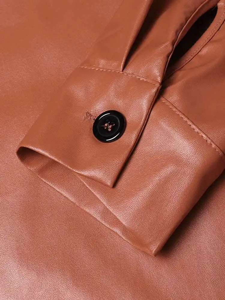 Vintage Leather Bomber Jacket with Lapel and Button Closure