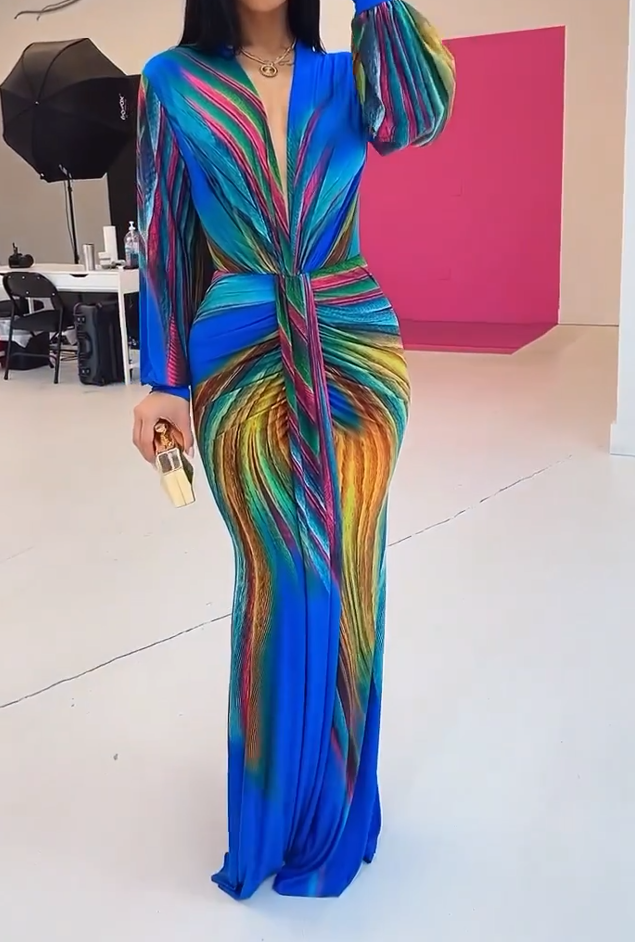 Tie-Dye Pleated V-Neck Maxi Dress
