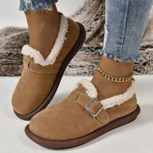 Cozy Fleece-Lined Slip-On Flats with Buckle Strap