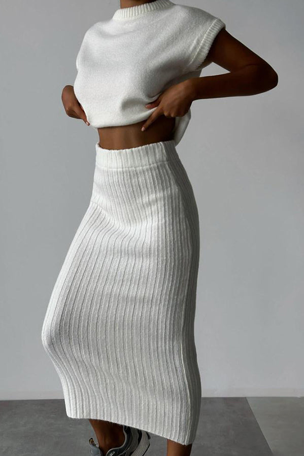 Knit Short Sleeve Sweater & Ribbed Midi Skirt Set