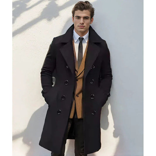 Men’s Long Double-Breasted Elegant Coat with Notched Collar