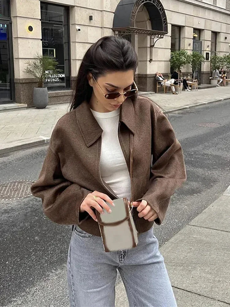 Cozy Brown Woolen Zipper Coat for Fall Layers