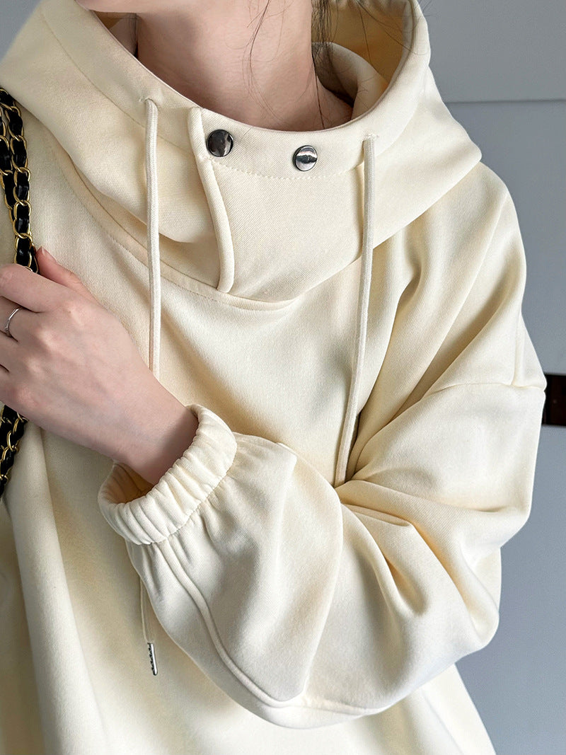 CozyNest™ - Button Detail Half Collar Loose Hoodie