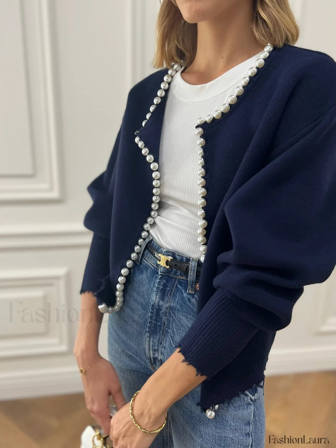 Pearl Trim Ripped Hem Knit Cardigan
