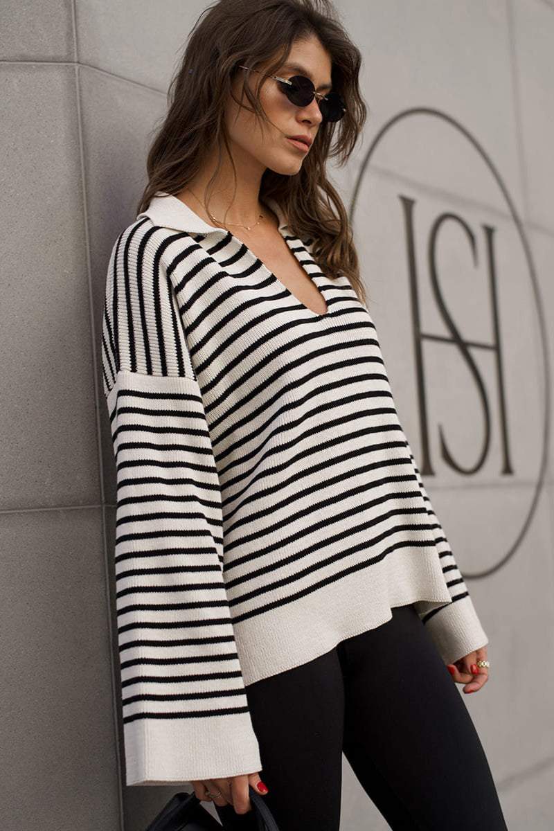 Cozy Striped Polo Neck Knit Sweater