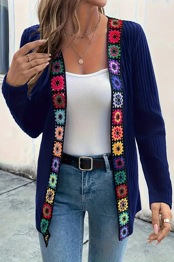 Boho Floral Edge Knit Long Sleeve Cardigan