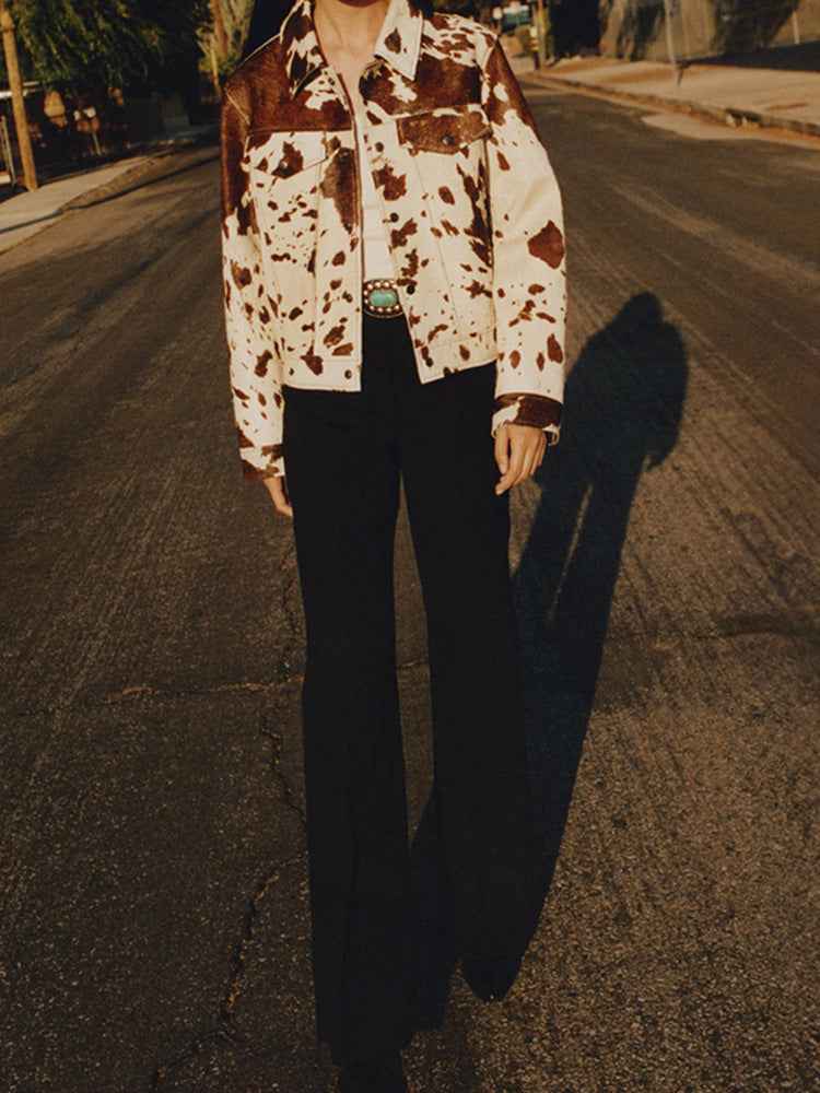 Cow Print Notched Collar Jacket with Stylish Snap Buttons