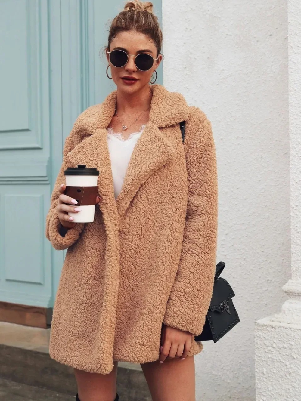 Cozy Teddy Plush Short Coat with Lapel Collar for Women