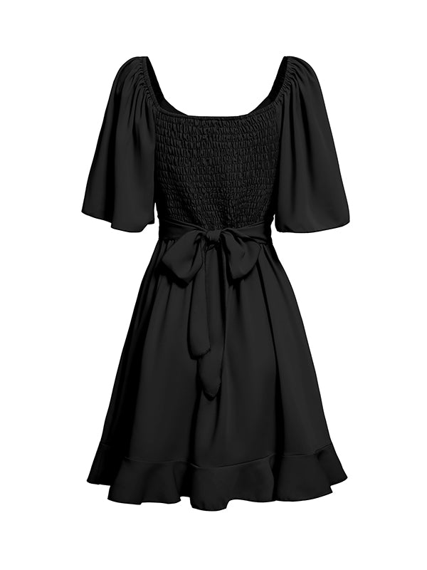 Flirty Ruffle Mini Dress with Tied Waist and Flared Sleeves