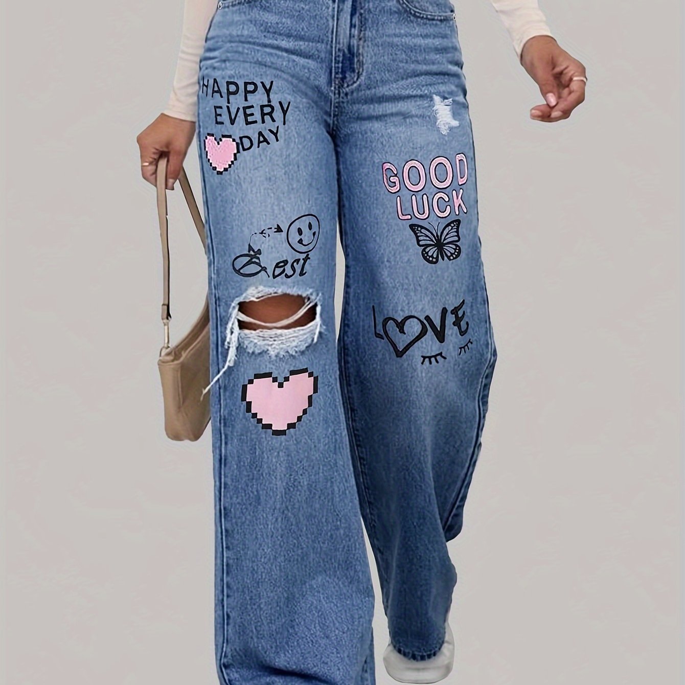 High-Waist Wide-Leg Denim Jeans with Bold Graphic Prints
