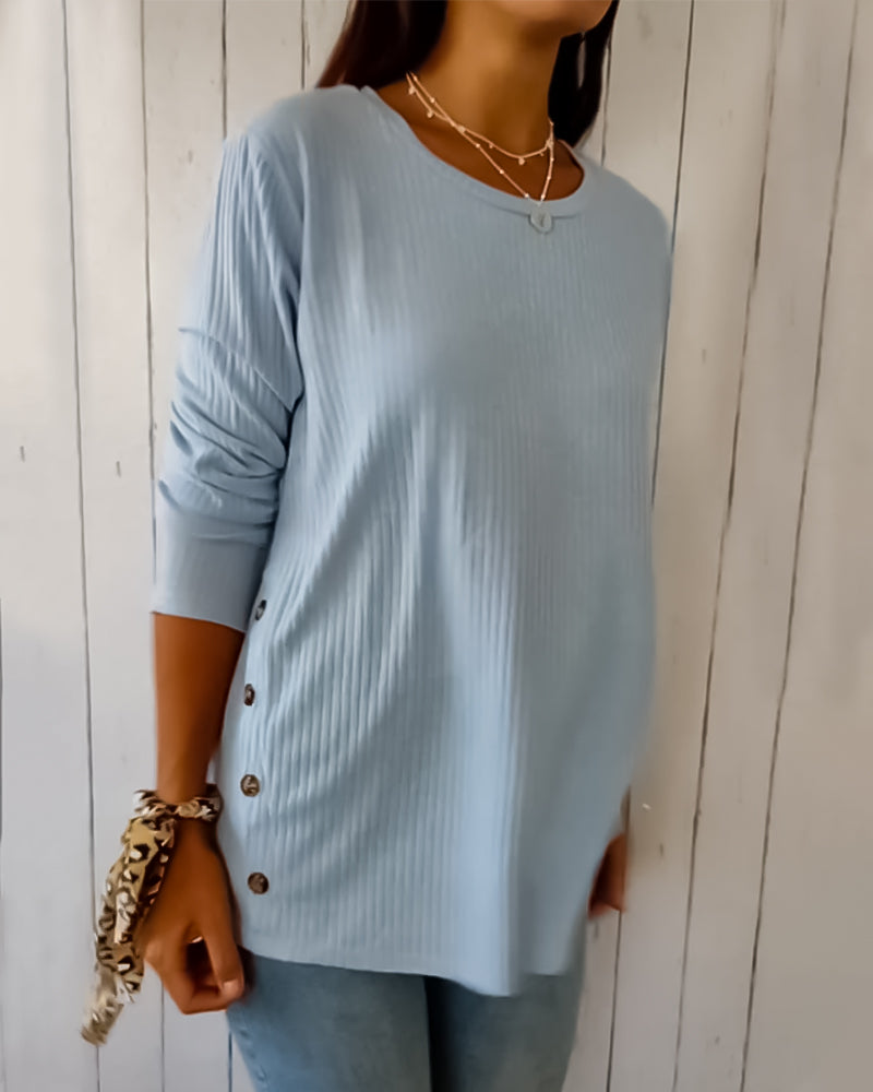 Ribbed Knit Long Sleeve Crew Neck T-Shirt for Women