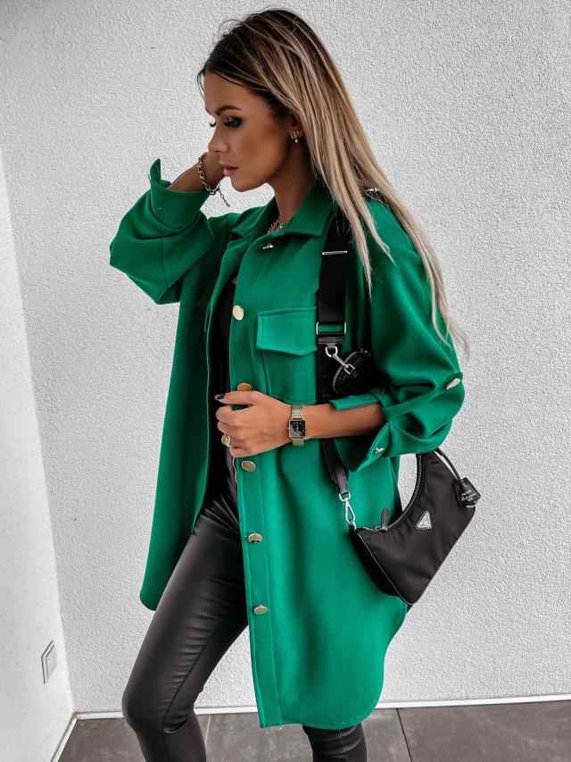Cozy Long Buttoned Shirt Jacket with Wool Collar and Lapels