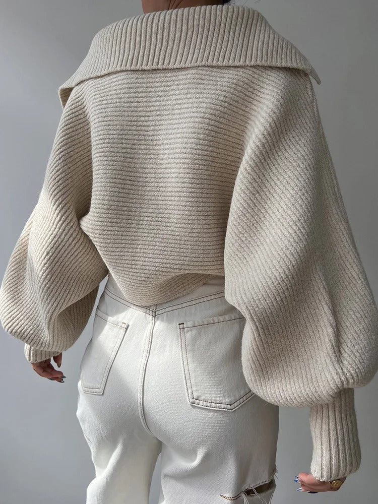Cozy Lantern Sleeve Open Collar Knit Sweater