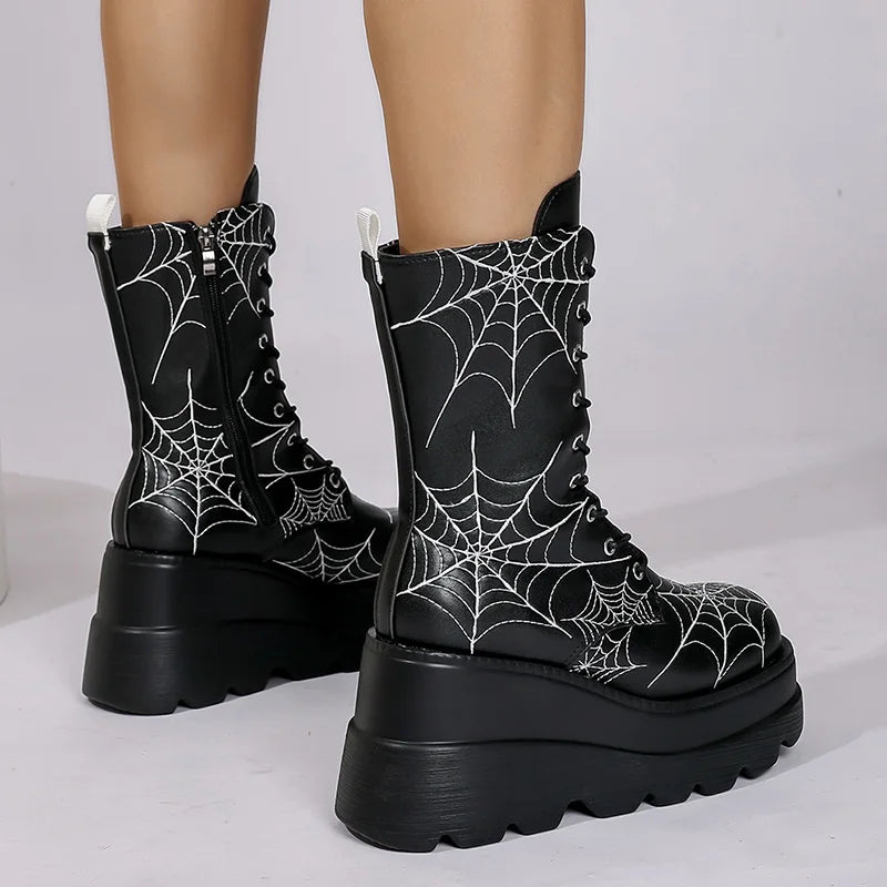 Gothic Chunky Platform Mid Calf Boots with Spider Web Detail