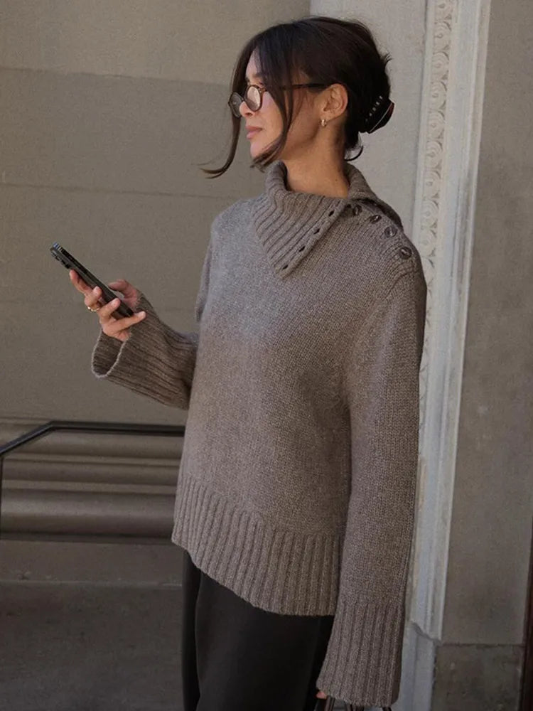 Cozy Button Turtleneck Loose Fit Pullover Sweater